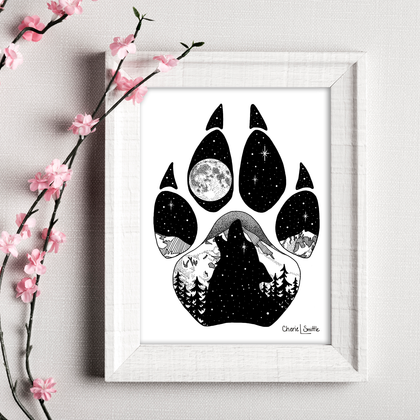 CherieSmittleArt; open edition artwork, black and white art, illustration artwork, graphic design art, Wolf Paw, Silhouette Wolf Paw, Silhouette Wolf howling at a full moon