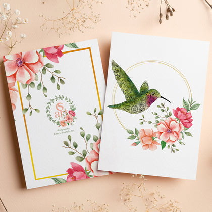 hummingbird greeting card, watercolor flower greeting card, floral greeting card, bird greeting card, hummingbird card, watercolor flower greeting card, floral card, bird card, mandala greeting card