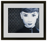 Audrey Hepburn wall art, Audrey Hepburn painting, monochromatic portrait, Audrey Hepburn artwork, classic Hollywood art, elegant black and white art, Funny Face inspired art, vintage celebrity painting, metallic background art, iconic actress wall decor, timeless beauty portrait, Audrey Hepburn illustration, glamorous wall art, retro film star art, old Hollywood decor