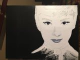 Audrey Hepburn wall art, Audrey Hepburn painting, monochromatic portrait, Audrey Hepburn artwork, classic Hollywood art, elegant black and white art, Funny Face inspired art, vintage celebrity painting, metallic background art, iconic actress wall decor, timeless beauty portrait, Audrey Hepburn illustration, glamorous wall art, retro film star art, old Hollywood decor