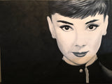 Audrey Hepburn wall art, Audrey Hepburn painting, monochromatic portrait, Audrey Hepburn artwork, classic Hollywood art, elegant black and white art, Funny Face inspired art, vintage celebrity painting, metallic background art, iconic actress wall decor, timeless beauty portrait, Audrey Hepburn illustration, glamorous wall art, retro film star art, old Hollywood decor