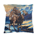 bigfoot riding moose pillow, yeti riding moose pillow, Sasquatch riding moose pillow, Squatch riding moose pillow, bigfoot pillow, yeti pillow, sasquatch pillow, squatch pillow, bigfoot peace sign pillow, yeti peace sign pillow, sasquatch peace sign pillow, squatch peace sign pillow, moose pillow, mountain pillow, mountain and river pillow, snowy mountain pillow, colorado pillow, bigfoot wearing sunglasses pillow, yeti wearing sunglasses pillow, funny bigfoot pillow, funny moose pillow