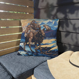 bigfoot riding moose pillow, yeti riding moose pillow, Sasquatch riding moose pillow, Squatch riding moose pillow, bigfoot pillow, yeti pillow, sasquatch pillow, squatch pillow, bigfoot peace sign pillow, yeti peace sign pillow, sasquatch peace sign pillow, squatch peace sign pillow, moose pillow, mountain pillow, mountain and river pillow, snowy mountain pillow, colorado pillow, bigfoot wearing sunglasses pillow, yeti wearing sunglasses pillow, funny bigfoot pillow, funny moose pillow