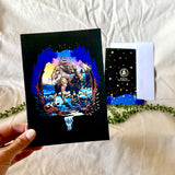 bigfoot riding moose greeting card, yeti riding moose greeting card, Sasquatch riding moose greeting card, Squatch riding moose greeting card, bigfoot greeting card, yeti greeting card, sasquatch greeting card, squatch greeting card, bigfoot peace sign greeting card, yeti peace sign greeting card, sasquatch peace sign greeting card, squatch peace sign greeting card, moose artwork, mountain greeting card, mountain and river greeting card, snowy mountain greeting card, colorado greeting card, bigfoot wearing