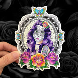 Day of the dead sticker, Dia de Muertos sticker, candy skull sticker, sugar skull sticker, American traditional woman sticker, sailor jerry sticker, old school tattoo sticker, old school butterfly sticker, old school roses sticker, Santa Murete sticker