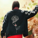 custom jacket, custom denim jacket, hand painted jacket, hand-painted jacket, handpainted jacket, painted jacket, custom apparel, continuous rose jacket, continuous flower jacket, custom floral jacket, painted floral jacket, continuous rose head woman, floral head, woman's floral head line art, one line rose, single line rose, continuous line rose