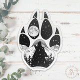 Wolf paw with mountains and full moon. Wolf sticker, wolf paw sticker, wolf paw silhouette sticker, wolf silhouette sticker, paw sticker, wolf howling at full moon sticker, colorado wolf sticker, colorado sticker, mount eva sticker, mountain sticker, colorado mountain sticker, full moon sticker, dog sticker, dog paw print sticker
