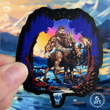 bigfoot riding moose sticker, yeti riding moose sticker, Sasquatch riding moose sticker, Squatch riding moose sticker, bigfoot sticker, yeti sticker, sasquatch sticker, squatch sticker, bigfoot peace sign sticker, yeti peace sign sticker, sasquatch peace sign sticker, squatch peace sign sticker, moose sticker, mountain sticker, mountain and river sticker, snowy mountain sticker, colorado sticker, bigfoot wearing sunglasses sticker, yeti wearing sunglasses sticker