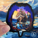 bigfoot riding moose sticker, yeti riding moose sticker, Sasquatch riding moose sticker, Squatch riding moose sticker, bigfoot sticker, yeti sticker, sasquatch sticker, squatch sticker, bigfoot peace sign sticker, yeti peace sign sticker, sasquatch peace sign sticker, squatch peace sign sticker, moose sticker, mountain sticker, mountain and river sticker, snowy mountain sticker, colorado sticker, bigfoot wearing sunglasses sticker, yeti wearing sunglasses sticker