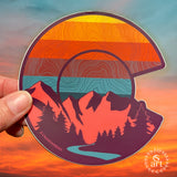 colorado flag sticker, colorado flag decal, mt. evans sticker, mount evans sticker, contour lines sticker, colorado mountains decal, colorado mountains sticker, idaho springs colorado decal, idaho springs colorado sticker, mountain decal, mountain sticker, mountain and river decal, mountain and river sticker, mountain illustration, colorful mountain drawing, colorado sticker, colorado decal
