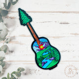 guitar sticker, guitar decal, colorado guitar sticker, acoustic guitar sticker, colorado mountains decal, colorado mountains sticker, idaho springs colorado decal, idaho springs colorado sticker, mountain decal, mountain sticker, mountain and river decal, mountain and river sticker, mountain illustration, colorful mountain drawing, colorado sticker, colorado decal