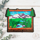 colorado mountains decal, colorado mountains sticker, idaho springs colorado decal, idaho springs colorado sticker, mountain decal, mountain sticker, mountain and river decal, mountain and river sticker, mountain illustration, colorful mountain drawing