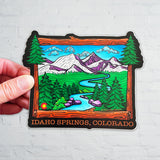 colorado mountains decal, colorado mountains sticker, idaho springs colorado decal, idaho springs colorado sticker, mountain decal, mountain sticker, mountain and river decal, mountain and river sticker, mountain illustration, colorful mountain drawing