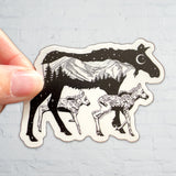 Moose with mountain range and crescent moon. Moose sticker, moose silhouette sticker, mountain sticker, colorado mountain sticker, crescent moon sticker, moose decal, moose car sticker, moose bumper sticker, galaxy moose sticker, moose baby sticker, moose twins sticker, momma moose sticker, mother moose sticker, moose galaxy sticker, colorado sticker