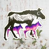 Moose with mountain range and crescent moon. Moose sticker, moose silhouette sticker, mountain sticker, colorado mountain sticker, crescent moon sticker, moose decal, moose car sticker, moose bumper sticker, galaxy moose sticker, moose baby sticker, moose twins sticker, momma moose sticker, mother moose sticker, moose galaxy sticker, colorado sticker