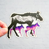 Moose with mountain range and crescent moon. Moose sticker, moose silhouette sticker, mountain sticker, colorado mountain sticker, crescent moon sticker, moose decal, moose car sticker, moose bumper sticker, galaxy moose sticker, moose baby sticker, moose twins sticker, momma moose sticker, mother moose sticker, moose galaxy sticker, colorado sticker