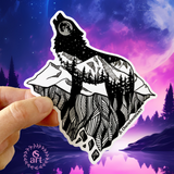 Mt. LEVAtation Sticker : Wolf silhouette on floating mountain island sticker, wolf silhouette sticker, wolf howling sticker, floating mountain sticker, wolf sticker, wolf silhouette sticker, full moon sticker, vinyl wolf sticker, mountain sticker, colorado sticker, dog sticker, floating forest sticker, floating island sticker