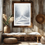 runner in snow painting, winter trail run art, snow covered forest runner, running wall art, athlete in snow illustration, snowy trail artwork, forest running print, inspirational running art, winter sports decor, magical winter run painting, snowy landscape runner art, cold weather training art, runner silhouette in snow, outdoor fitness wall decor, snowy forest scene with runner