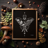 luna moth art, luna moth illustration, luna moth, mushroom art, mushroom illustration,  mushroom drawing, luna moth drawing, colorado art, colorado artwork, colorado illustration, crescent moon art, crescent moon illustration, crescent moon drawing, Feminine dotwork tattoo, fair isle dotwork tattoo, Scandinavian dot tattoo, simple dotwork tattoo, luna moth tattoo, mushroom tattoo