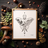 luna moth art, luna moth illustration, luna moth, mushroom art, mushroom illustration,  mushroom drawing, luna moth drawing, colorado art, colorado artwork, colorado illustration, crescent moon art, crescent moon illustration, crescent moon drawing, Feminine dotwork tattoo, fair isle dotwork tattoo, Scandinavian dot tattoo, simple dotwork tattoo, luna moth tattoo, mushroom tattoo