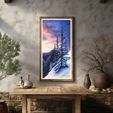 winter sunset painting, snowy sunrise art, mountain sunset artwork, Lake Bierstadt trail art, Colorado winter landscape, snow trail painting, magical winter sunset, snowy forest sunrise, Rocky Mountain National Park art, serene snow scene, sunset over snow painting, glowing winter sky art, winter hiking trail artwork, snow and trees at sunset, enchanted winter landscape