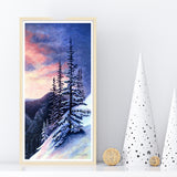 winter sunset painting, snowy sunrise art, mountain sunset artwork, Lake Bierstadt trail art, Colorado winter landscape, snow trail painting, magical winter sunset, snowy forest sunrise, Rocky Mountain National Park art, serene snow scene, sunset over snow painting, glowing winter sky art, winter hiking trail artwork, snow and trees at sunset, enchanted winter landscape