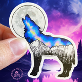 Wolf howling at a full moon with Galaxy inside and Maroon Bells mountain range in Aspen. wolf sticker, wolf galaxy sticker, wolf silhouette sticker, wolf full moon sticker, galaxy sticker, full moon sticker, Maroon Bells sticker, Aspen Sticker, Dog Sticker