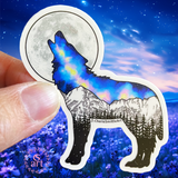 Wolf howling at a full moon with Galaxy inside and Maroon Bells mountain range in Aspen. wolf sticker, wolf galaxy sticker, wolf silhouette sticker, wolf full moon sticker, galaxy sticker, full moon sticker, Maroon Bells sticker, Aspen Sticker, Dog Sticker