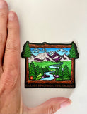 colorado mountains decal, colorado mountains sticker, idaho springs colorado decal, idaho springs colorado sticker, mountain decal, mountain sticker, mountain and river decal, mountain and river sticker, mountain illustration, colorful mountain drawing