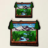 colorado mountains decal, colorado mountains sticker, idaho springs colorado decal, idaho springs colorado sticker, mountain decal, mountain sticker, mountain and river decal, mountain and river sticker, mountain illustration, colorful mountain drawing
