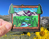 colorado mountains decal, colorado mountains sticker, idaho springs colorado decal, idaho springs colorado sticker, mountain decal, mountain sticker, mountain and river decal, mountain and river sticker, mountain illustration, colorful mountain drawing