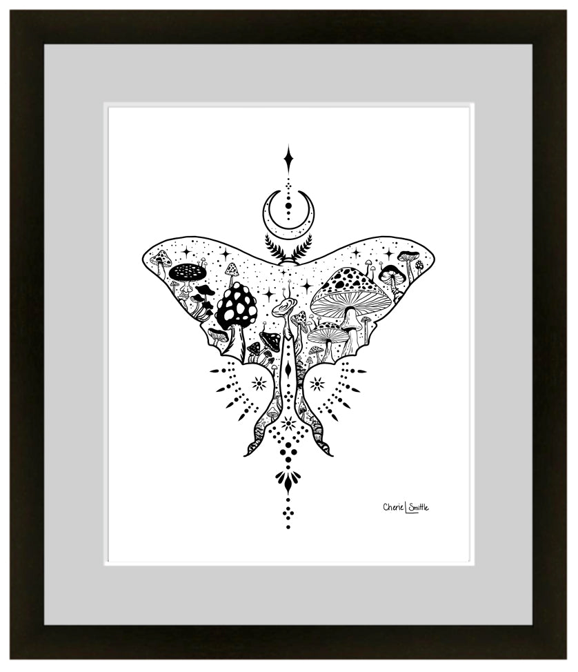 Sticker : New Beginnings; Luna Moth with Mushrooms – CherieSmittleArt