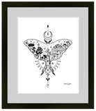 luna moth art, luna moth illustration, luna moth, mushroom art, mushroom illustration,  mushroom drawing, luna moth drawing, colorado art, colorado artwork, colorado illustration, crescent moon art, crescent moon illustration, crescent moon drawing, Feminine dotwork tattoo, fair isle dotwork tattoo, Scandinavian dot tattoo, simple dotwork tattoo, luna moth tattoo, mushroom tattoo