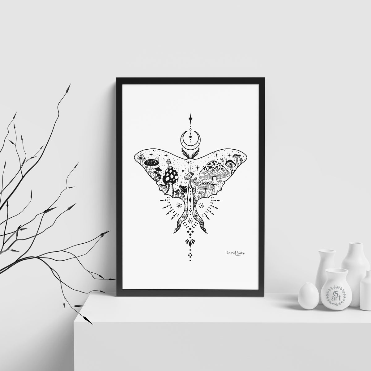 Sticker : New Beginnings; Luna Moth with Mushrooms – CherieSmittleArt