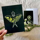 luna moth greeting card, luna moth card, mushroom greeting card, mushroom card, crescent moon greeting card, crescent moon card, scandinavian dotwork card, scandinavian dotwork greeting card, fair isle pattern card, fair isle pattern greeting card, feminine dotwork card, feminine dotwork greeting card