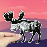 Moose with mountain range and crescent moon. Moose sticker, moose silhouette sticker, mountain sticker, colorado mountain sticker, crescent moon sticker, moose decal, moose car sticker, moose bumper sticker