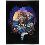 bigfoot riding moose blanket, yeti riding moose blanket, Sasquatch riding moose blanket, Squatch riding moose blanket, bigfoot blanket, yeti blanket, sasquatch blanket, squatch blanket, bigfoot peace sign blanket, yeti peace sign blanket, sasquatch peace sign blanket, squatch peace sign blanket, moose blanket, mountain blanket, mountain and river blanket, snowy mountain blanket, colorado blanket, bigfoot wearing sunglasses blanket, yeti wearing sunglasses blanket, funny bigfoot blanket, funny moose blanket