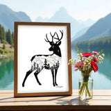 Deer with mountain range and stars. deer artwork, mountains drawing, stars, drawing evergreen trees drawing, colorado artist, colorado art, colorado artwork, dotwork art, elk art, elk drawing, deer silhouette art, buck silhouette art, doe silhouette art