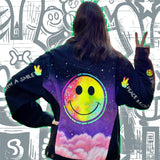 custom jacket, custom denim jacket, hand painted jacket, hand-painted jacket, handpainted jacket, painted jacket, custom apparel, smiley jacket, smile jacket, peace jacket, peace sign jacket, finger peace sign jacket, hand peace sign jacket