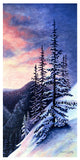 winter sunset painting, snowy sunrise art, mountain sunset artwork, Lake Bierstadt trail art, Colorado winter landscape, snow trail painting, magical winter sunset, snowy forest sunrise, Rocky Mountain National Park art, serene snow scene, sunset over snow painting, glowing winter sky art, winter hiking trail artwork, snow and trees at sunset, enchanted winter landscape