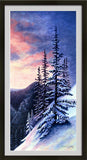 winter sunset painting, snowy sunrise art, mountain sunset artwork, Lake Bierstadt trail art, Colorado winter landscape, snow trail painting, magical winter sunset, snowy forest sunrise, Rocky Mountain National Park art, serene snow scene, sunset over snow painting, glowing winter sky art, winter hiking trail artwork, snow and trees at sunset, enchanted winter landscape