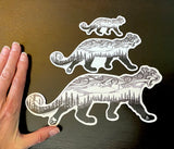 sticker, slap, Loveland Prowler features Loveland Ski Resort mountain range, swirling wind and a mountain lion (cougar, puma, cat), loveland ski area, mountain lion silhouette, cougar silhouette, puma silhouette, cougar drawing, mountain lion drawing, puma drawing, cat drawing, cougar roaring, mountain lion roaring, puma roaring, cougar footprint, mountain lion footprint, puma footprint, cougar paw, mountain lion paw, puma paw, cat paw, mountain lion silhouette, cougar silhouette, puma silhouette