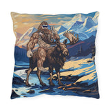 bigfoot riding moose pillow, yeti riding moose pillow, Sasquatch riding moose pillow, Squatch riding moose pillow, bigfoot pillow, yeti pillow, sasquatch pillow, squatch pillow, bigfoot peace sign pillow, yeti peace sign pillow, sasquatch peace sign pillow, squatch peace sign pillow, moose pillow, mountain pillow, mountain and river pillow, snowy mountain pillow, colorado pillow, bigfoot wearing sunglasses pillow, yeti wearing sunglasses pillow, funny bigfoot pillow, funny moose pillow