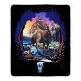 bigfoot riding moose blanket, yeti riding moose blanket, Sasquatch riding moose blanket, Squatch riding moose blanket, bigfoot blanket, yeti blanket, sasquatch blanket, squatch blanket, bigfoot peace sign blanket, yeti peace sign blanket, sasquatch peace sign blanket, squatch peace sign blanket, moose blanket, mountain blanket, mountain and river blanket, snowy mountain blanket, colorado blanket, bigfoot wearing sunglasses blanket, yeti wearing sunglasses blanket, funny bigfoot blanket, funny moose blanket