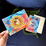 Sun Goddess greeting card, American Traditional greeting card, old school sun goddess greeting card, old school greeting card, celestial greeting card, acrylic pouring greeting card, mandala greeting card, floral greeting card