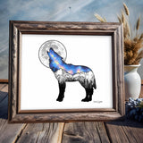 Wolf artwork, full moon art, howling at the moon art, mountains art, stars drawing, evergreen trees art, colorado artist, colorado art, colorado artwork, dotwork art, wolf silhouette art, galaxy art, stars art, wolf drawing, galaxy drawing, watercolor galaxy, star drawing