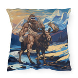 bigfoot riding moose pillow, yeti riding moose pillow, Sasquatch riding moose pillow, Squatch riding moose pillow, bigfoot pillow, yeti pillow, sasquatch pillow, squatch pillow, bigfoot peace sign pillow, yeti peace sign pillow, sasquatch peace sign pillow, squatch peace sign pillow, moose pillow, mountain pillow, mountain and river pillow, snowy mountain pillow, colorado pillow, bigfoot wearing sunglasses pillow, yeti wearing sunglasses pillow, funny bigfoot pillow, funny moose pillow