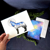 Galaxy Wolf Greeting Card; Greeting Card, colorado artist, colorado art, colorado artwork, wolf card, wolf greeting card, colorado greeting card, galaxy greeting card, card with wolf, card with galaxy, thank you card, congratulations card