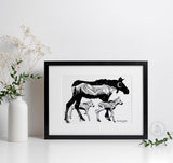 momma moose photo, momma moose print, momma moose drawing, momma moose illustration, mother moose photo, mother moose print, mother moose drawing, mother moose illustration, baby moose photo, baby moose print, baby moose drawing, baby moose illustration, twins moose photo, twins moose print, twins moose drawing, twins moose illustration, colorado mountains illustration, colorado mountains print, colorado mountains drawing, colorado mountains illustration