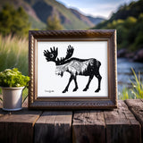 Moose with mountain range and crescent moon. Moose artwork, crescent moon drawing, mountains drawing, stars drawing, evergreen trees drawing, colorado artist, colorado art, colorado artwork, dotwork art, moose silhouette art